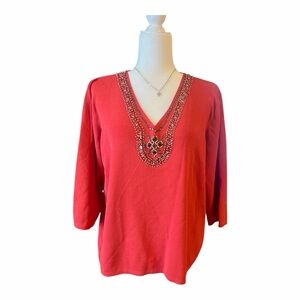 Joseph A Beaded V-Neck Knit Top Orange 2X Embellished Blouse‎ RA1